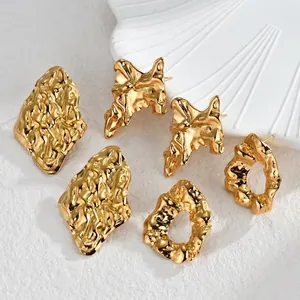 Irregular Hammered Stud Earrings Gold Plated Stainless Steel Hollow Geometric Textured Lava Aesthetic Modern Jewelry For Women