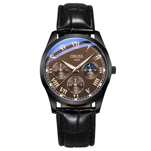 Luminous men's business quartz watch with leather strap and three-eye chronograph display