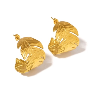 Elegant gold hollow leaf shape C-hoop earrings in stainless steel for women
