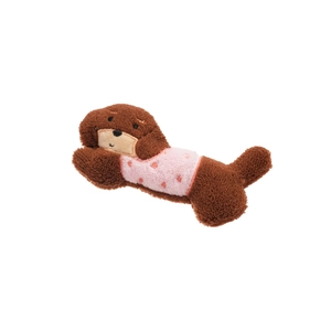 Cute brown plush dog hair clip with pink heart vest on a clean white background