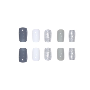 Gray and white press-on nails with silver glitter in short square round shape