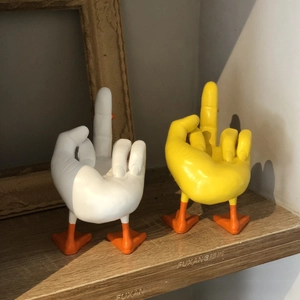 Close-up of creative resin duck figurines showing middle finger on wooden shelf