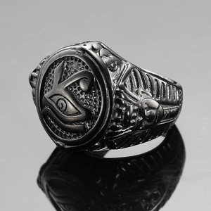 Retro stainless steel Horus Eye signet ring for men with vintage oxidation finish