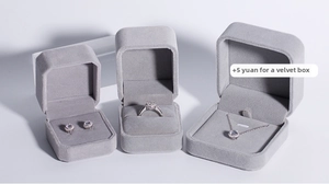 Elegant gray velvet jewelry gift box set with rings, earrings, and a pendant necklace
