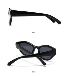 Side and back view of black cat-eye sunglasses featuring geometric wavy temple design