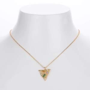 S925 Sterling Silver Gold Triangle Pendant Necklace with Green Gemstone and Zircon