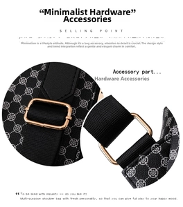 Detail of backpack straps featuring white clover pattern and gold-tone hardware buckles