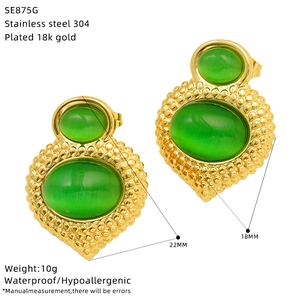 Detail view of 18k gold plated cat eye stone earrings with size and weight parameters
