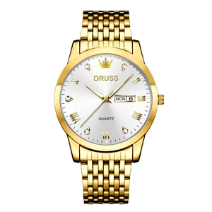 Detail view of gold quartz watch with white sunray dial and double date window display