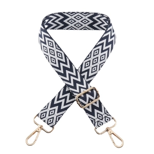 Adjustable wide replacement bag strap with black and white geometric ethnic embroidery