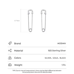 S925 sterling silver safety pin earrings with size specs and color options