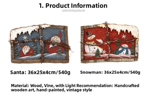 Detail of wooden Santa and Snowman wall decor with LED lights and vine texture