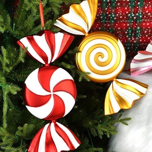 55cm metallic Christmas candy ornaments in red and gold spiral patterns on a tree