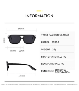 Detailed size chart for pilot sunglasses with PC frame dimensions and specifications