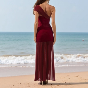 Detail of burgundy off-shoulder dress with ruched mesh and side slit for beach vacations