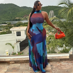 Robe Maxi Sans Manches Dos Nu Imprimé Abstrait Bloc De Couleur Moulante Plissée Mode Streetwear