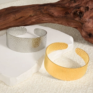 Textured 18k gold and silver stainless steel open bangles with hammered industrial finish