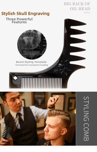 L-shaped dual comb for beard shaping and vintage men hairstyle with skull pattern detail