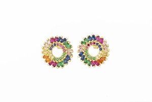 Macro shot of 18k gold plated sunburst earrings with colorful zircon gemstones