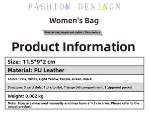 Detailed size and structure guide for PU leather mini wallet measuring 11.5x9x2cm