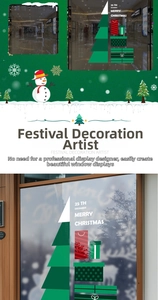 Detailed view of Merry Christmas window clings with festive tree and gift pile design