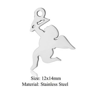 Macro view of 12x14mm angel cupid pendant in stainless steel with dimensions and material
