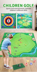 Kids indoor golf set featuring velcro balls hitting a target mat with score markers