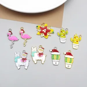 Christmas Charms Enamel Alloy Pendants For DIY Jewelry Making Flamingo Alpaca Santa Cactus Flower Holiday Theme Accessory