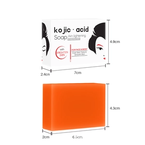 Detailed dimensions of orange Kojic Acid Soap bar and its packaging in centimeters