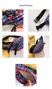 Detailed views of plaid crossbody bag featuring adjustable buckle and woven zipper pulls