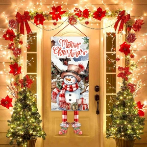 Outdoor Christmas snowman door banner decoration with Merry Christmas text on the front door