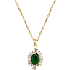 Titanium steel necklace featuring a green oval gemstone pendant with white stones halo