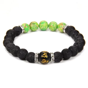 Lava stone chakra yoga bracelet with golden mantra bead and sparkling accents