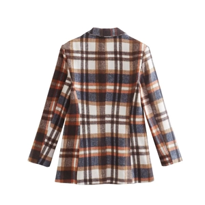Back view of classic plaid blazer for women featuring brown and orange checkered wool fabric