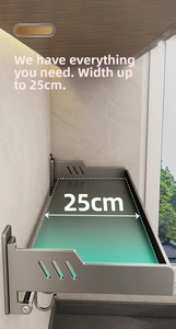 Macro shot of a 25cm wide gun grey metal kitchen shelf with side ventilation holes