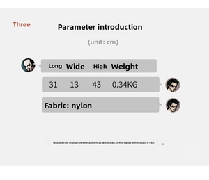 Detailed size specifications for nylon backpack with dimensions 31x13x43cm and weight 0.34kg