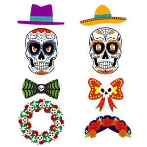 21-piece Mexico Day of the Dead party photo booth props with sugar skulls and hats