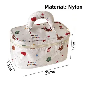 Detailed view of large capacity nylon Christmas dachshund makeup bag with sturdy handle