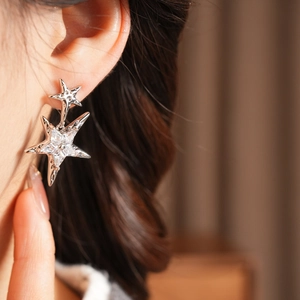 Detailansicht der Doppelstern-Ohrringe aus Silber mit Zirkonia am Modellohr