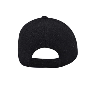 Detail view of the back of a black plush baseball hat with subtle silver glitter