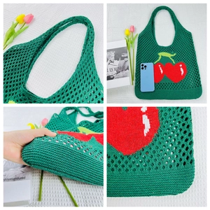 Detail view showing green knit tote bag texture, sturdy handles and red heart pattern