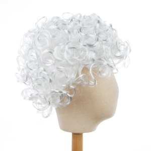Detailed view of voluminous white curly Santa Claus wig on a professional mannequin head