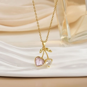 Elegant gold cherry pendant necklace with pink and white heart crystals for women