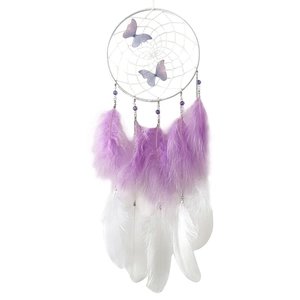 Handmade butterfly dream catcher with blue and purple feathers and woven beads