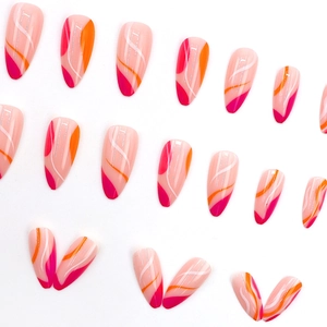 Pink almond press-on nails with rose red wavy stripes and silver glitter details