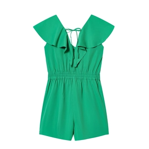Vibrant green romper for women featuring ruffle neckline and elastic waist with back tie