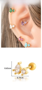 Detailed view of teardrop zircon earrings with ball back showing 0.79cm width dimensions