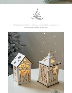 Detailed view of illuminated white wooden Christmas lanterns with warm LED lights and tree motifs