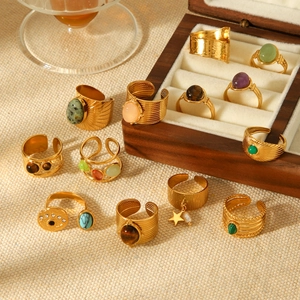 French vintage stainless steel gold ring set with colorful natural stones and star charms