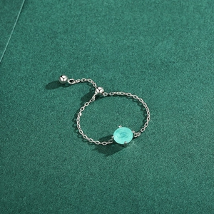 S925 silver chain ring with round blue Paraiba style stone and adjustable beads